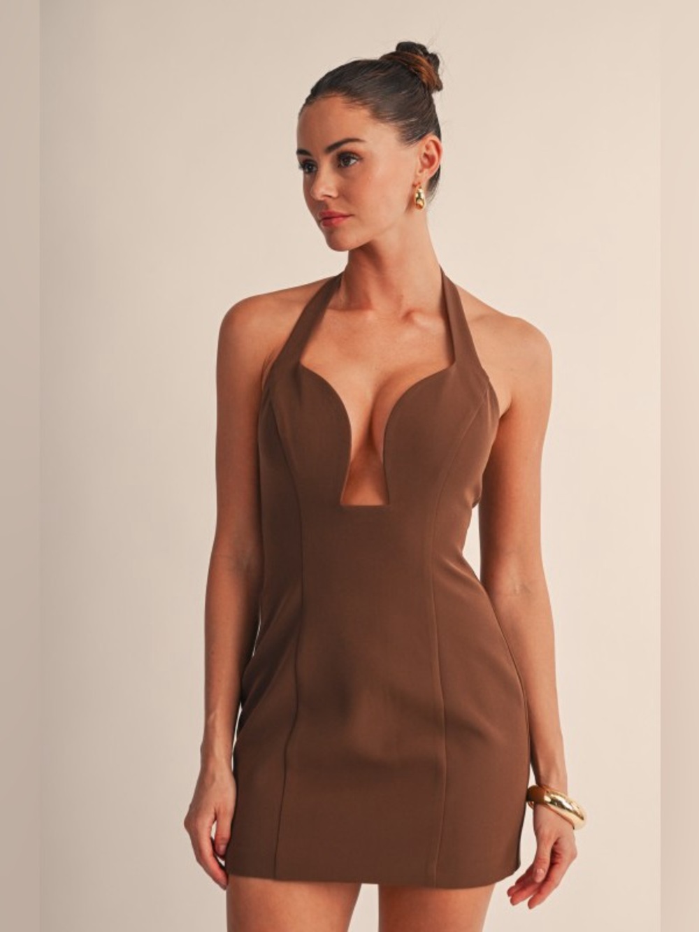 Plunge Halter Mini Dress in Chestnut
